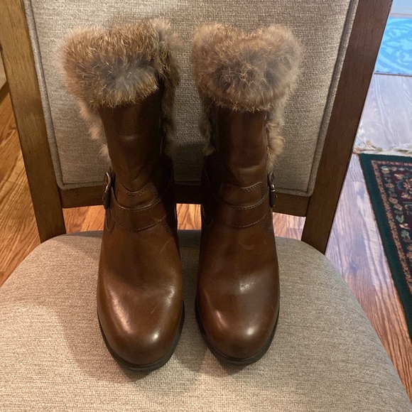Frye Penny Brown Leather Luxe Moto Short Heeled Booties Real Rabbit Fur Size 9 - Picture 7 of 8